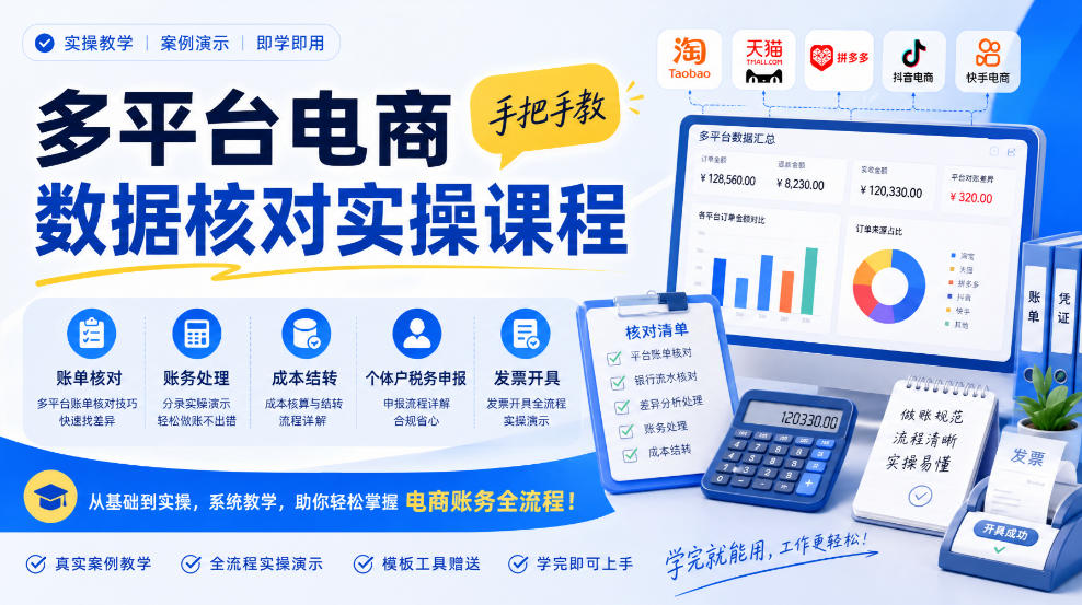 多平台电商数据核对实操课程，手把手教账单核对、账务处理、成本结转、个体户税务申报与发票开具-91副业网