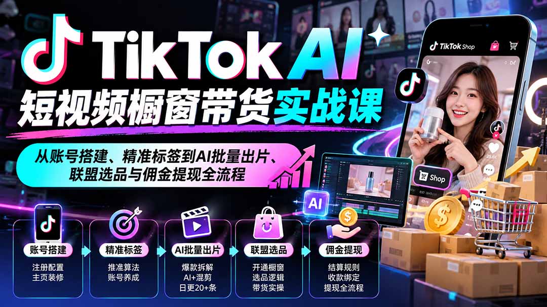 TikTok AI短视频橱窗带货实战课：从账号搭建、精准标签到AI批量出片、联盟选品与佣金提现全流程-91副业网