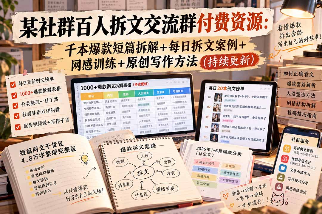 某社群百人拆文交流群付费资源-更新0929：千本爆款短篇拆解+每日拆文案例+网感训练+原创写作方法-91副业网