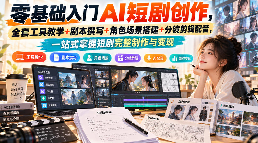 零基础入门AI短剧创作，全套工具教学+剧本撰写+角色场景搭建+分镜剪辑配音，一站式掌握短剧完整制作与变现-91副业网