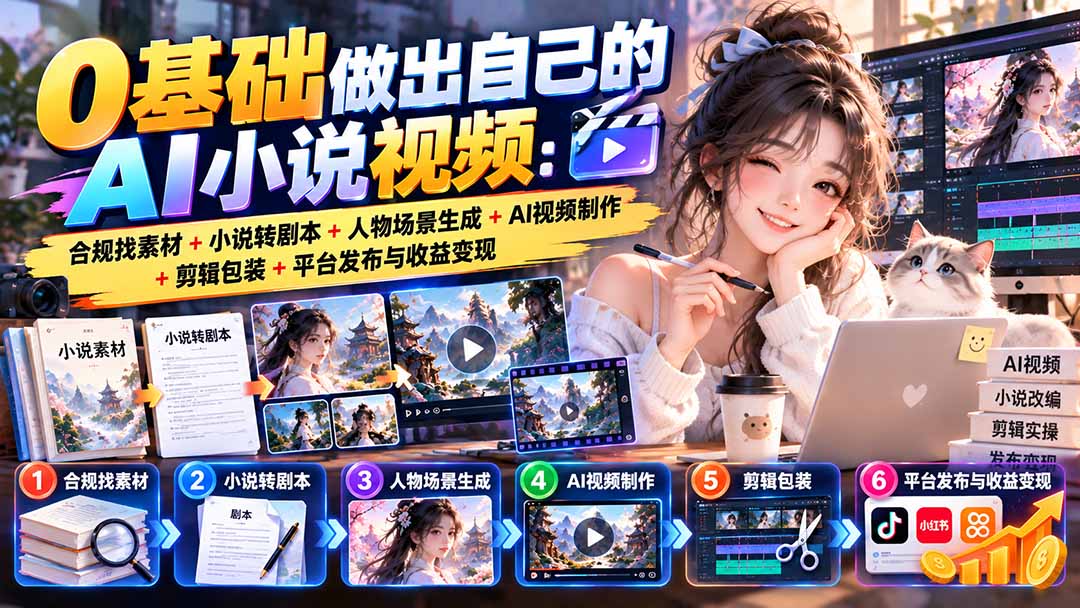 0基础做出自己的AI小说视频：合规找素材+小说转剧本+人物场景生成+AI视频制作+剪辑包装+平台发布与收益变现-91副业网