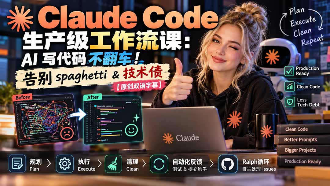 Claude Code 生产级工作流课:AI 写代码不翻车!告别 spaghetti & 技术债【原创双语字幕】-91副业网