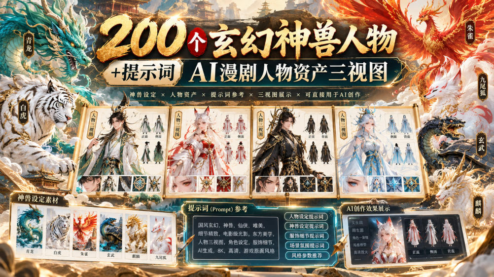 200个玄幻神兽人物+提示词ai漫剧人物资产三视图-91副业网
