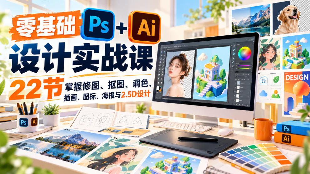 【无水印】零基础PS+AI设计实战课｜22节掌握修图、抠图、调色、插画、图标、海报与2.5D设计-91副业网