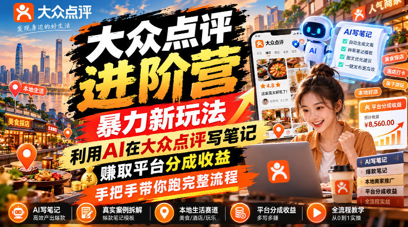 大众点评进阶营，暴力新玩法，利用AI在大众点评写笔记， 賺取平台分成收益，手把手带你跑完整流程-91副业网