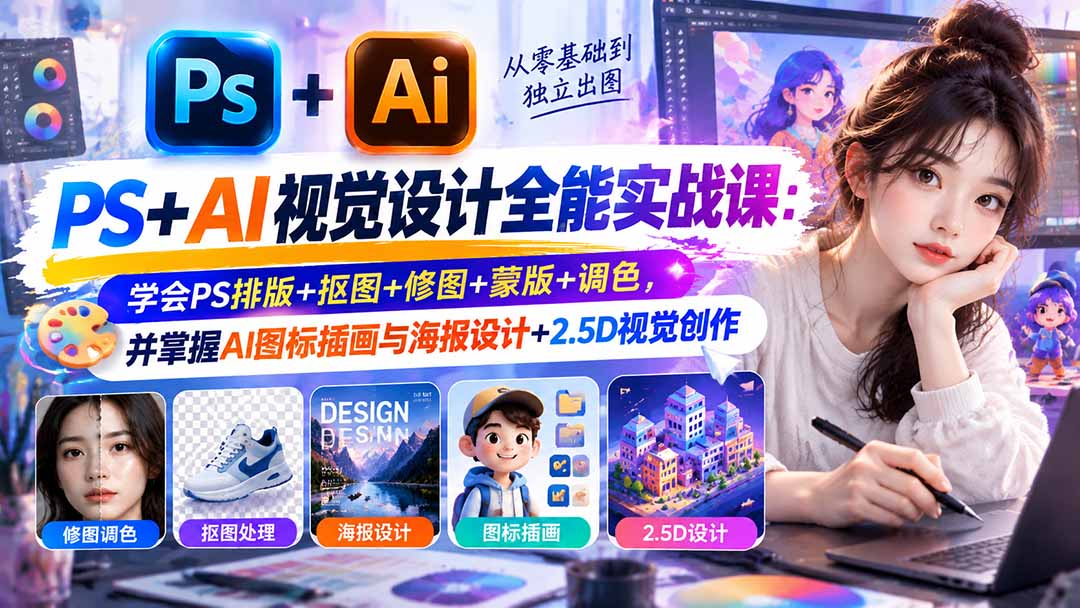 【无水印】PS+AI视觉设计全能实战课：学会PS排版+抠图+修图+蒙版+调色，并掌握AI图标插画与海报设计+2.5D视觉创作-91副业网