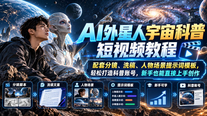 AI外星人宇宙科普短视频教程，配套分镜、洗稿、人物场景提示词模板，轻松打造科普账号，新手也能直接上手创作-91副业网