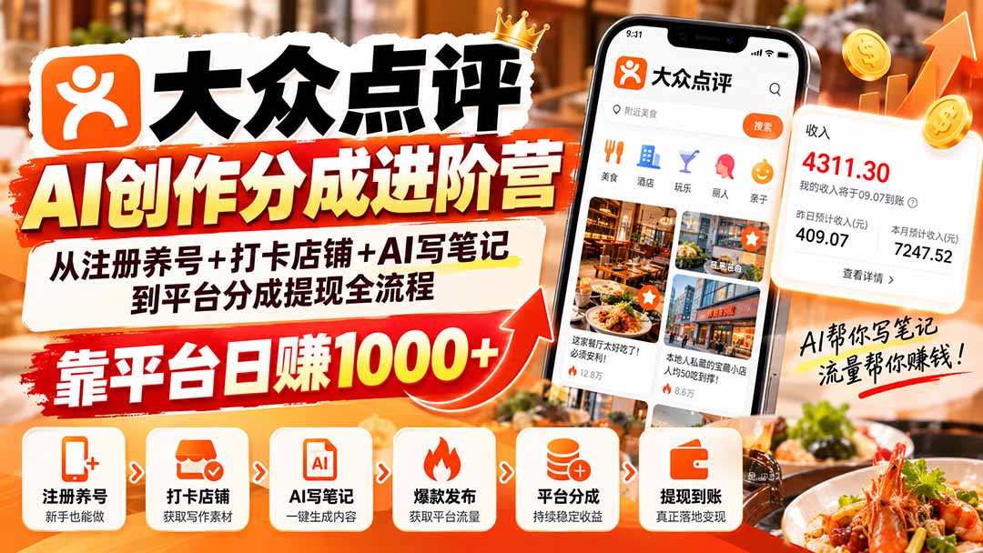 大众点评AI创作分成进阶营：从注册养号+打卡店铺+AI写笔记到平台分成提现全流程，靠平台日赚1000+-91副业网