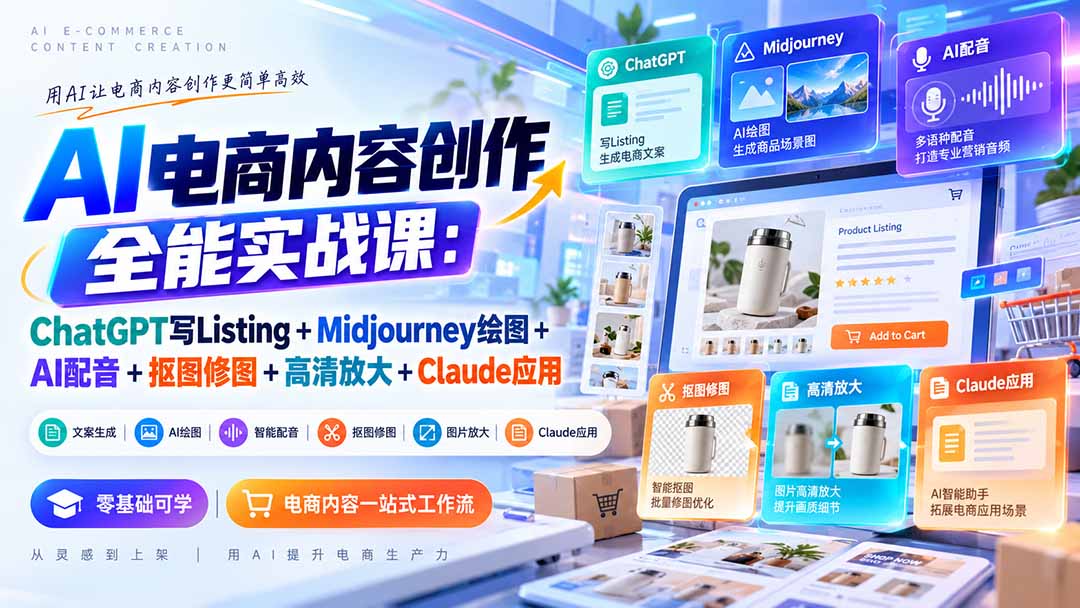 【无水印】AI电商内容创作全能实战课:ChatGPT写Listing+Midjourney绘图+AI配音+抠图修图+高清放大+Claude应用-91副业网