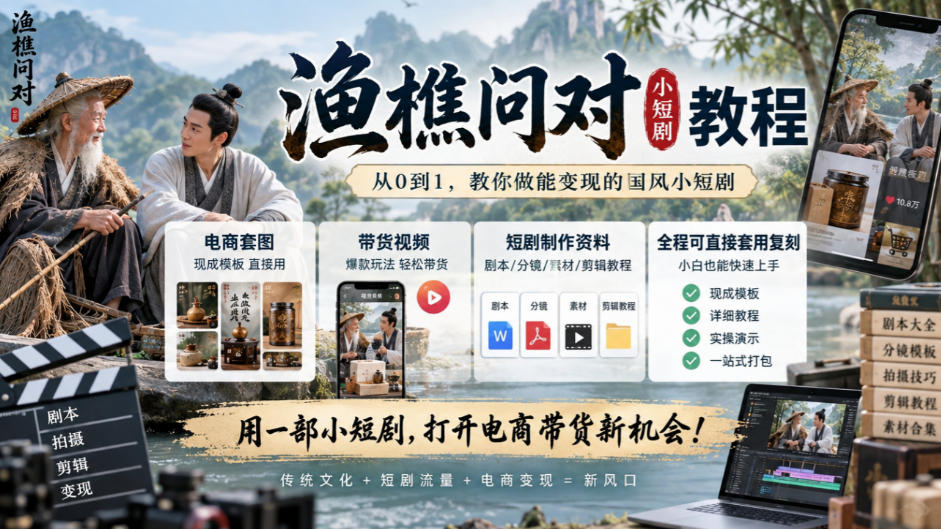 渔樵问对小短剧教程,包含电商套图、带货视频,短剧制作资料,全程可直接套用复刻-91副业网