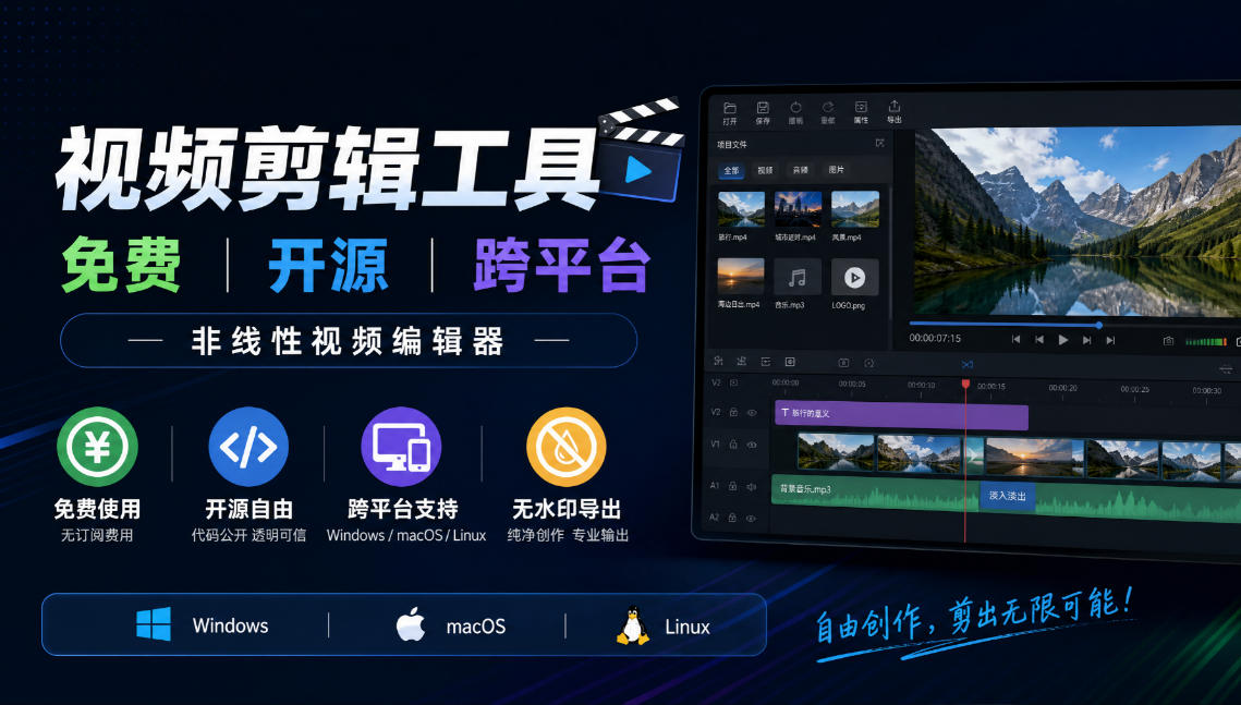 视频剪辑工具，免费、开源、跨平台，非线性视频编辑器，支持Windows、macOS、Linux，无水印、无订阅费用-91副业网