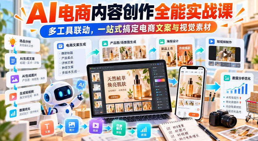 【无水印】AI电商内容创作全能实战课|多工具联动,一站式搞定电商文案与视觉素材-91副业网