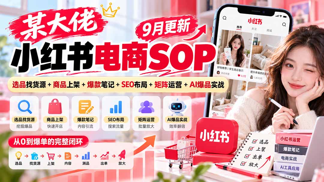 某大佬小红书电商SOP｜9月更新：选品找货源+商品上架+爆款笔记+SEO布局+矩阵运营+AI爆品实战-91副业网