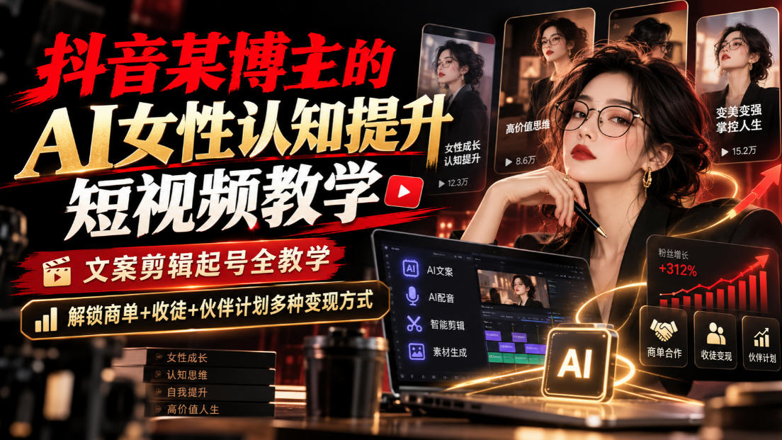 抖音某博主的Ai女性认知提升短视频教学,文案剪辑起号全教学,解锁商单+收徒+伙伴计划多种变现方式-91副业网