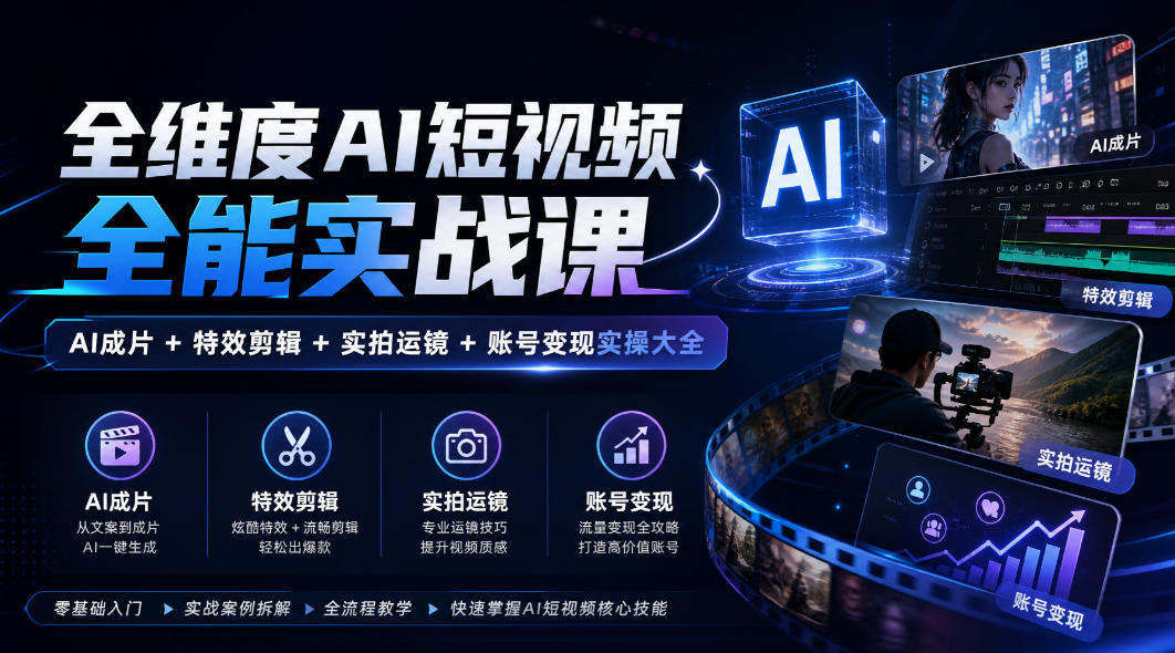 全维度AI短视频全能实战课，AI成片+特效剪辑+实拍运镜+账号变现实操大全-91副业网