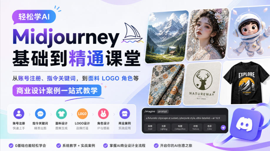 轻松学AI Midjourney基础到精通课堂，从账号注册、指令关键词，到面料LOGO角色等商业设计案例一站式教学-91副业网
