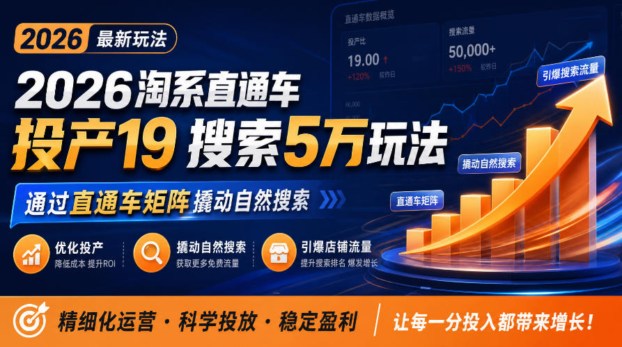 2026淘系直通车投产19搜索5万玩法，通过直通车矩阵撬动自然搜索，帮助商家优化投产，引爆店铺搜索流量-91副业网