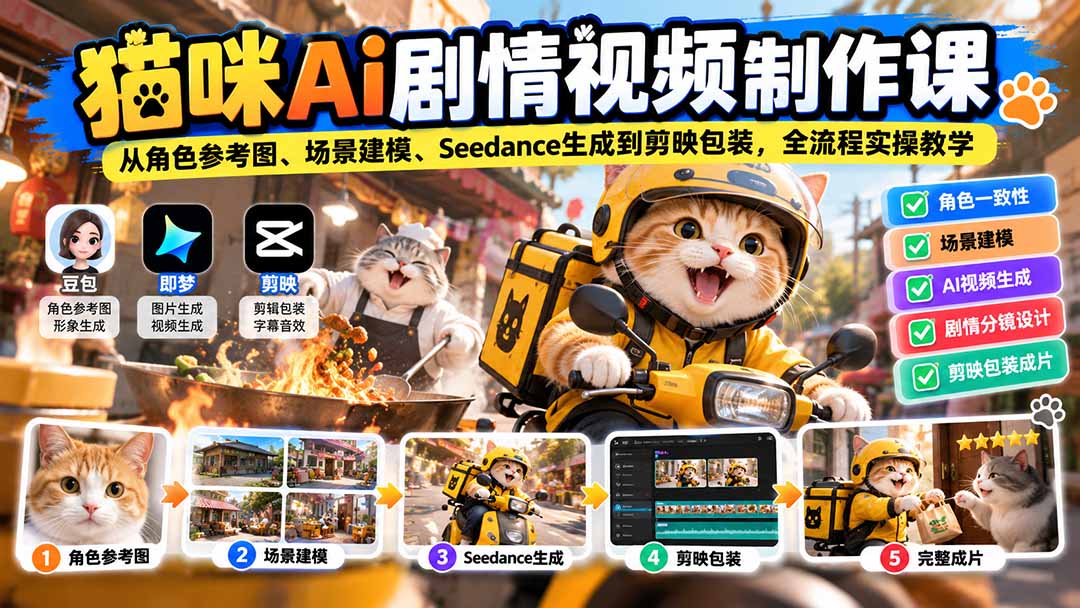 猫咪AI剧情视频制作课：从角色参考图、场景建模、Seedance生成到剪映包装，全流程实操教学-91副业网