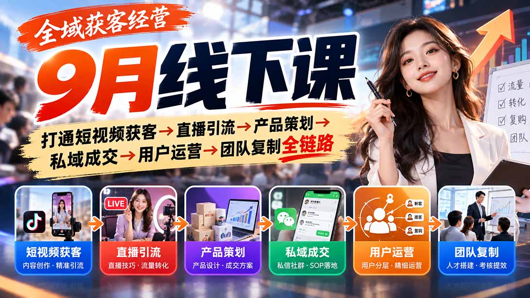 全域获客经营9月线下课:打通短视频获客→直播引流→产品策划→私域成交→用户运营→团队复制全链路-91副业网