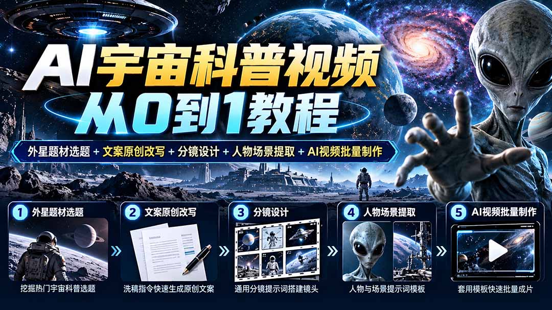 AI宇宙科普视频从0到1教程｜外星题材选题+文案原创改写+分镜设计+人物场景提取+AI视频批量制作-91副业网