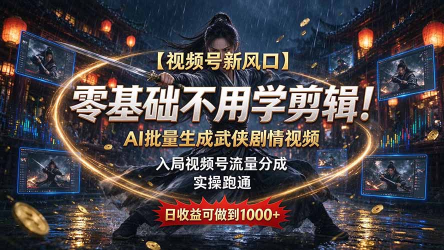 【视频号新风口】零基础不用学剪辑！AI 批量生成武侠剧情视频，入局视频号流量分成，实操跑通，日收益可做到 1000+-91副业网