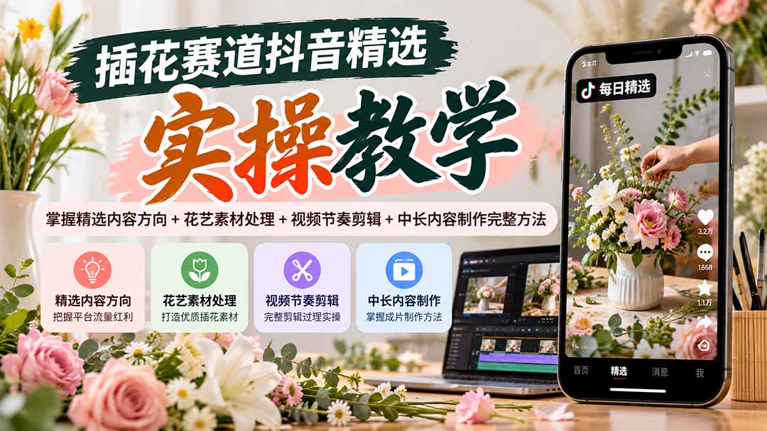 插花赛道抖音精选实操教学:掌握精选内容方向+花艺素材处理+视频节奏剪辑+中长内容制作完整方法-91副业网