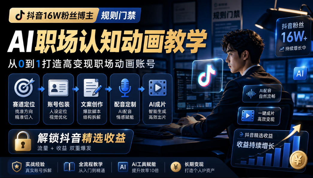 抖音16W粉丝博主规则门禁的AI职场认知动画教学，从赛道定位、账号包装，到文案创作、配音定制、AI成片，解锁抖音精选收益-91副业网