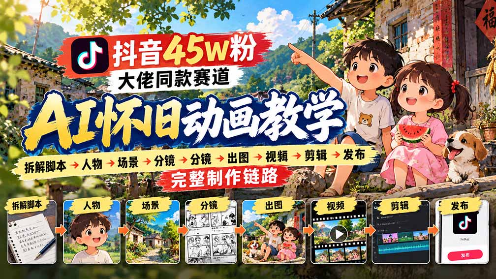 抖音45W粉大佬同款赛道AI怀旧动画教学：拆解脚本→人物→场景→分镜→出图→视频→剪辑→发布完整制作链路-91副业网