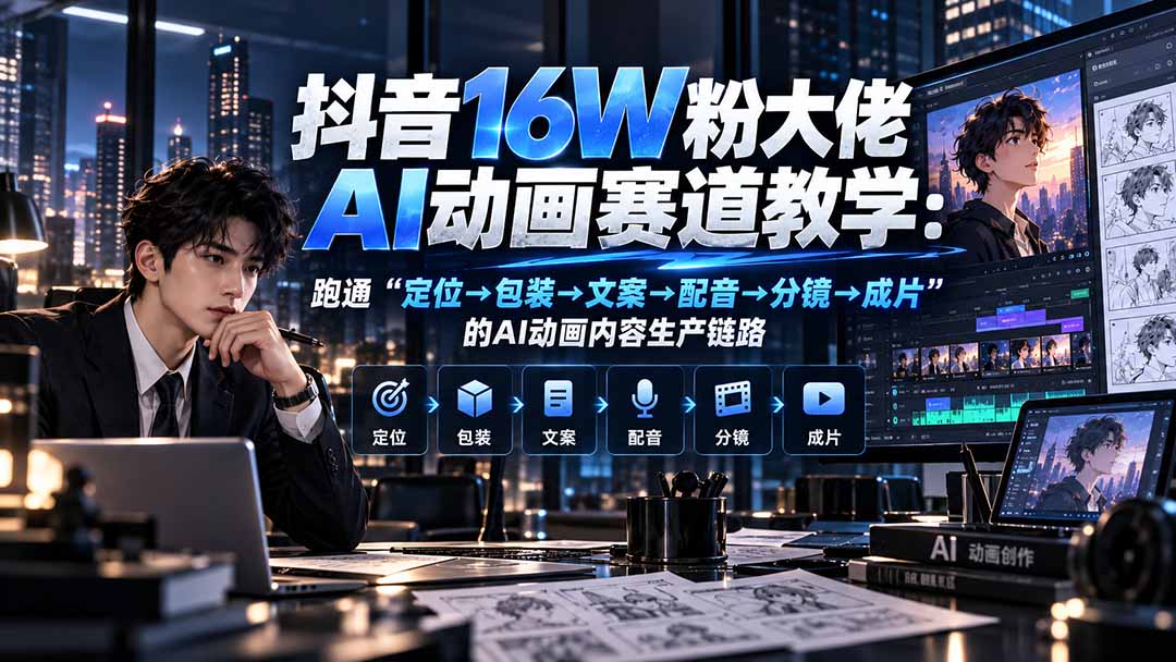 抖音16W粉大佬规则门禁AI动画赛道教学：跑通“定位→包装→文案→配音→分镜→成片”的AI动画内容生产链路-91副业网