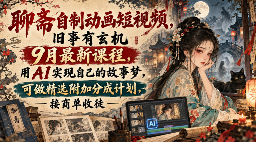 聊斋自制动画短视频，旧事有玄机9月最新课程，用AI实现自己的故事梦，可做精选附加分成计划，接商单收徒-91副业网