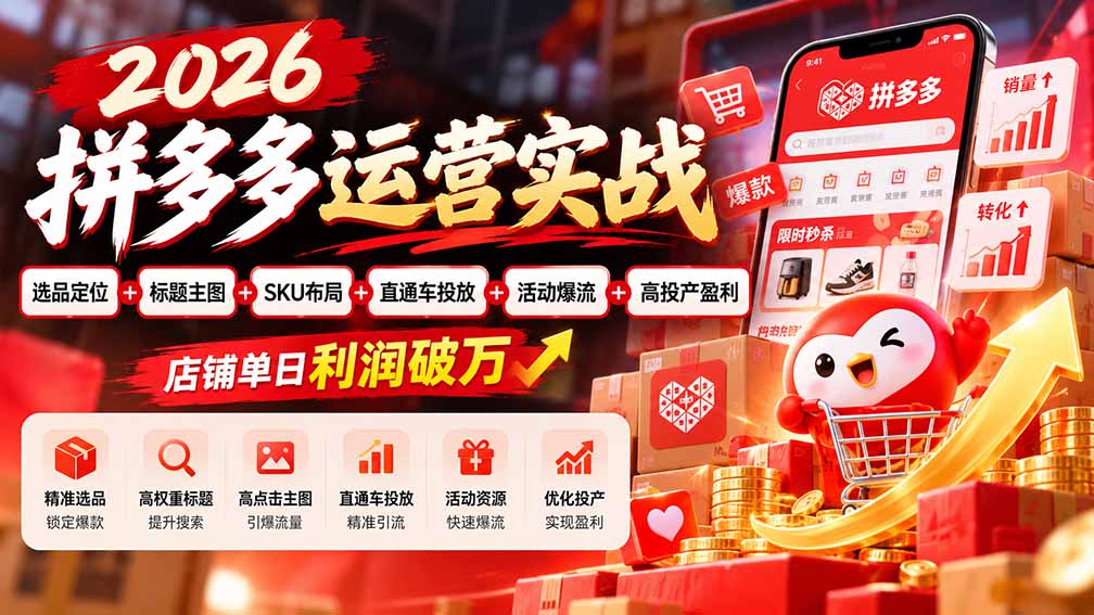 2026拼多多运营实战-更新1002：选品定位+标题主图+SKU布局+直通车投放+活动爆流+高投产盈利 店铺单日利润破万-91副业网