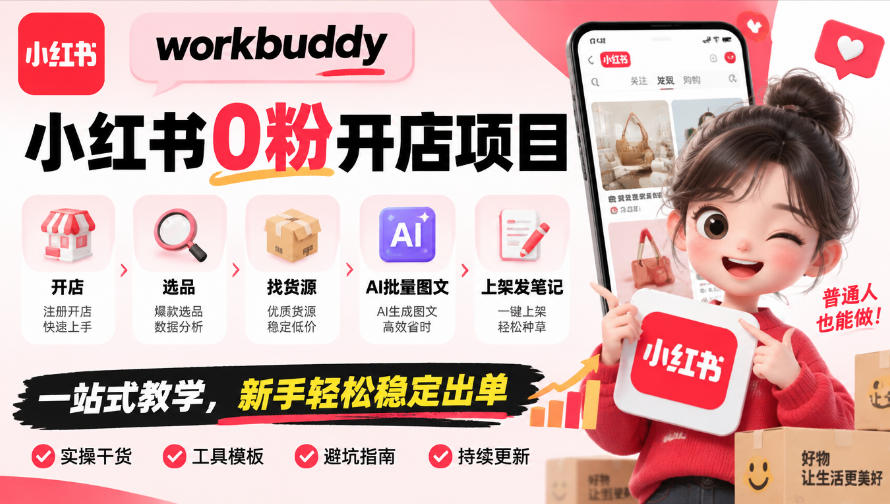 workbuddy小红书0粉开店项目，开店、选品、找货源、AI批量图文、上架发笔记一站式教学，新手轻松稳定出单-91副业网