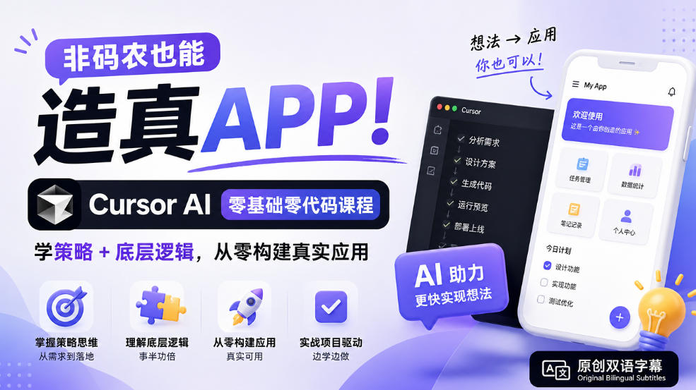 非码农也能造真APP!Cursor AI零基础零代码课程:学策略+底层逻辑,从零构建真实应用【原创双语字幕】-91副业网