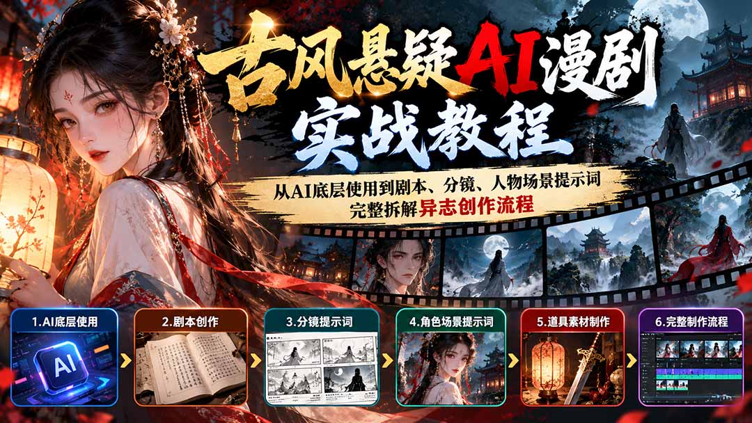 古风悬疑AI漫剧实战教程：从AI底层使用到剧本、分镜、人物场景提示词，完整拆解异志创作流程-91副业网