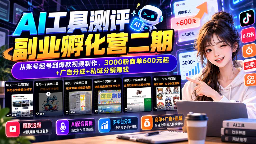 AI工具测评副业孵化营二期：从账号起号到爆款视频制作，3000粉商单600元起+广告分成+私域分销赚钱-91副业网