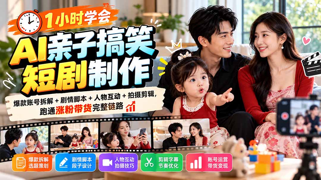 1小时学会AI亲子搞笑短剧制作:爆款账号拆解+剧情脚本+人物互动+拍摄剪辑,跑通涨粉带货完整链路-91副业网