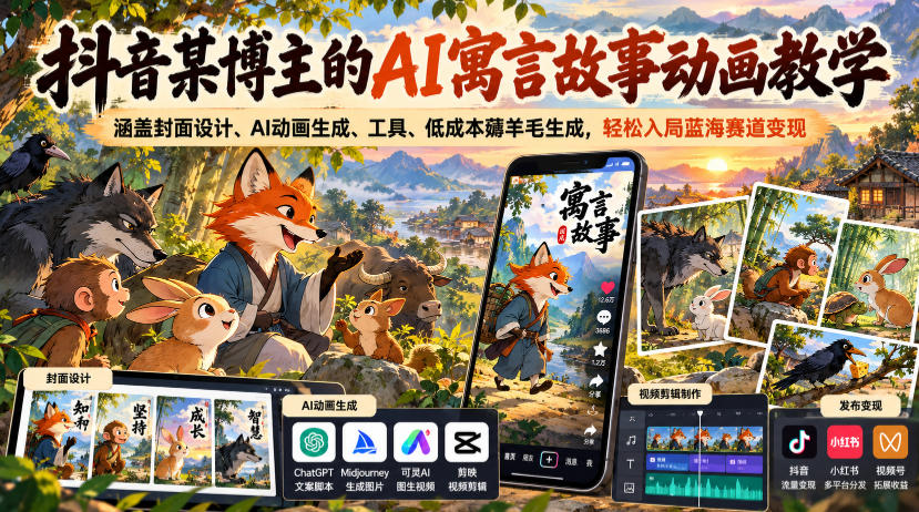 抖音某博主的AI寓言故事动画教学,涵盖封面设计、AI动画生成、工具、低成本薅羊毛生成,轻松入局蓝海赛道变现-91副业网