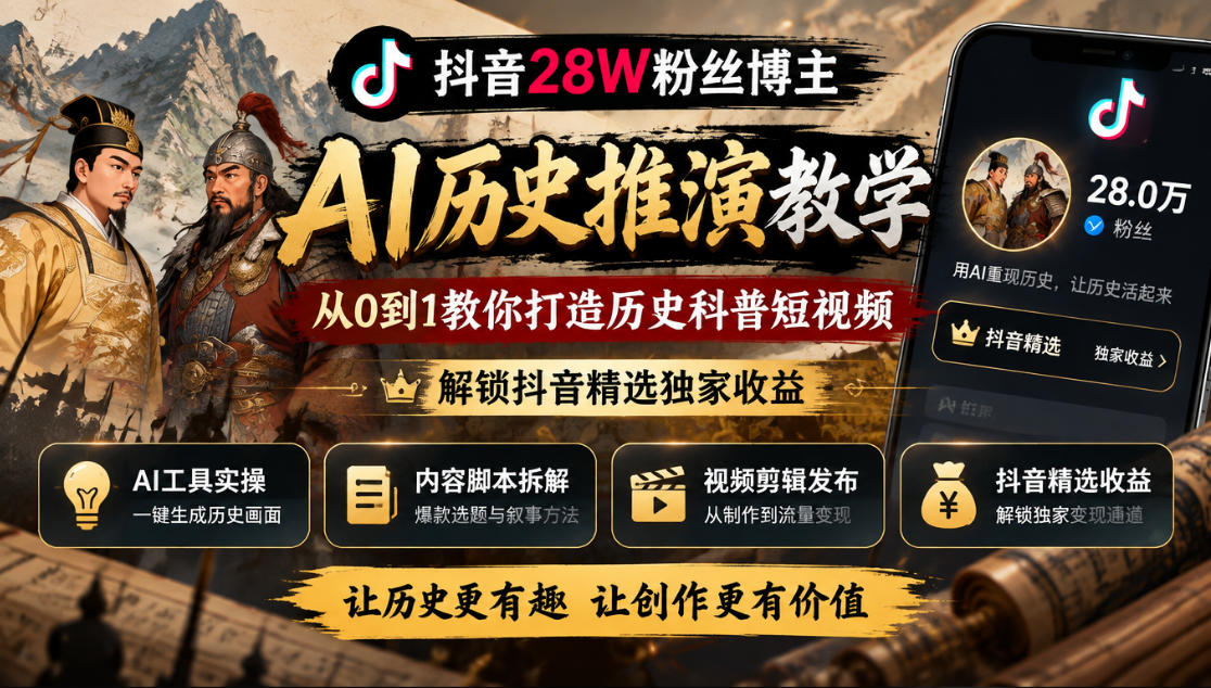 抖音28W粉丝博主的AI历史推演教学，从0到1教你打造历史科普短视频，解锁抖音精选独家收益-91副业网