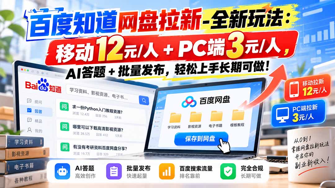 百度知道网盘拉新-全新玩法：移动12元/人+PC端3元/人，AI答题+批量发布，轻松上手长期可做！-91副业网