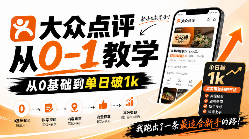 大众点评分成从0-1教学，从0基础到单日破1k，我跑出了一条最适合新手的路-91副业网