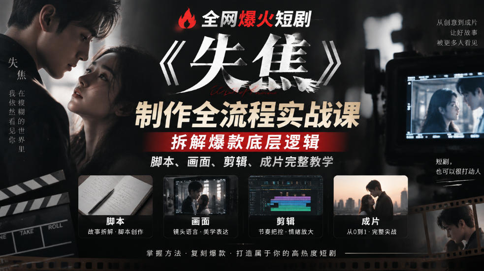 全网爆火短剧《失焦》制作全流程实战课｜拆解爆款底层逻辑，脚本、画面、剪辑、成片完整教学-91副业网