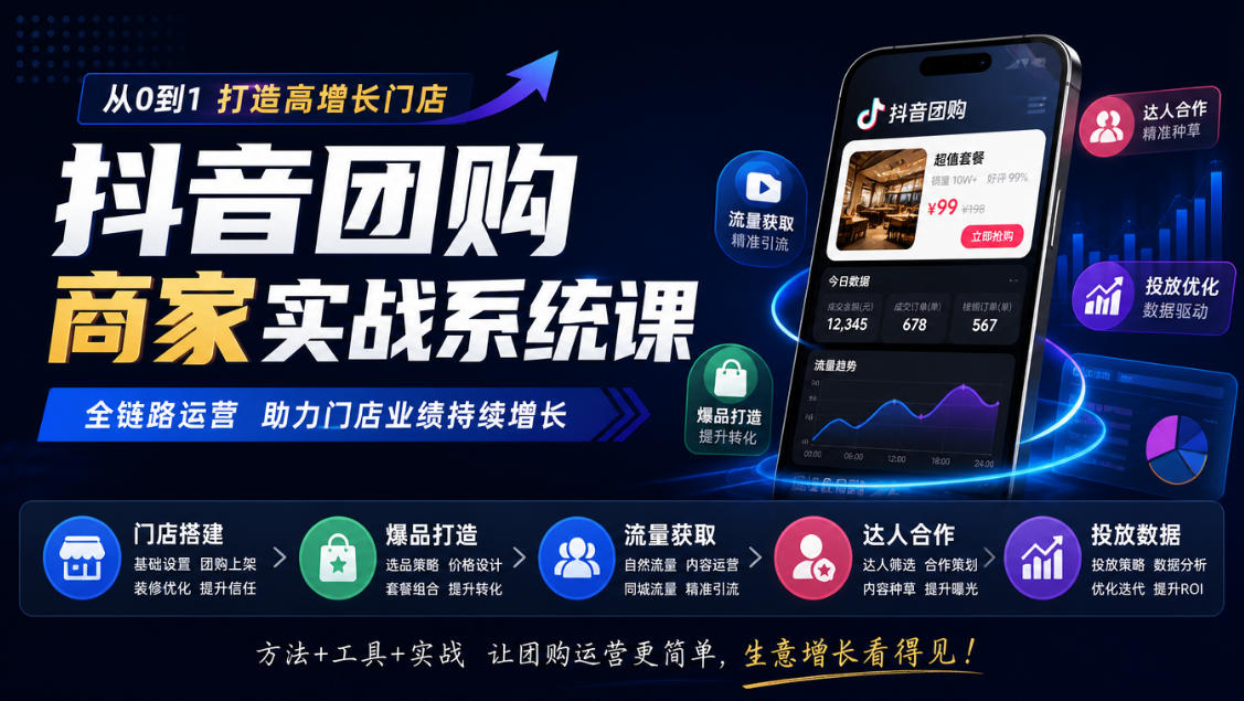 抖音团购商家实战系统课|门店搭建、爆品打造、流量获取、达人合作、投放数据全链路运营-91副业网