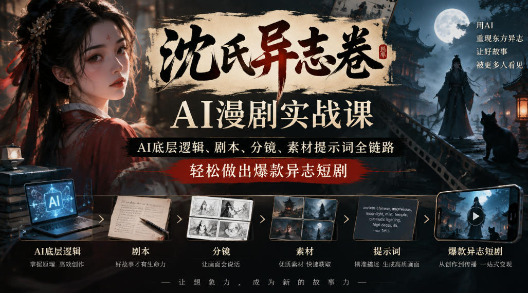 沈氏异志卷AI漫剧实战课｜AI底层逻辑、剧本、分镜、素材提示词全链路，轻松做出爆款异志短剧-91副业网