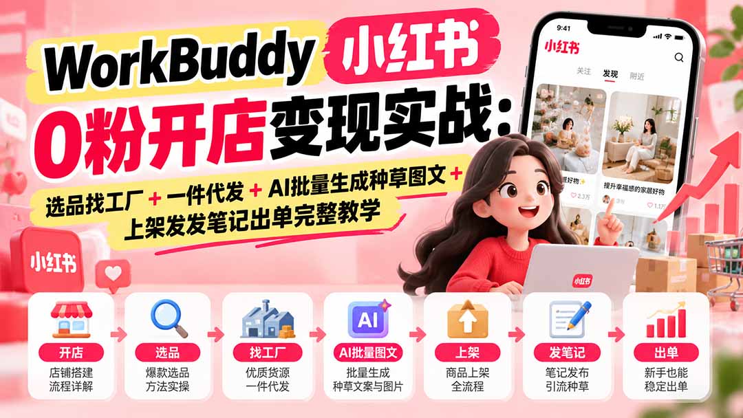 WorkBuddy小红书0粉开店变现实战:选品找工厂+一件代发+AI批量生成种草图文+上架发发笔记出单完整教学-91副业网
