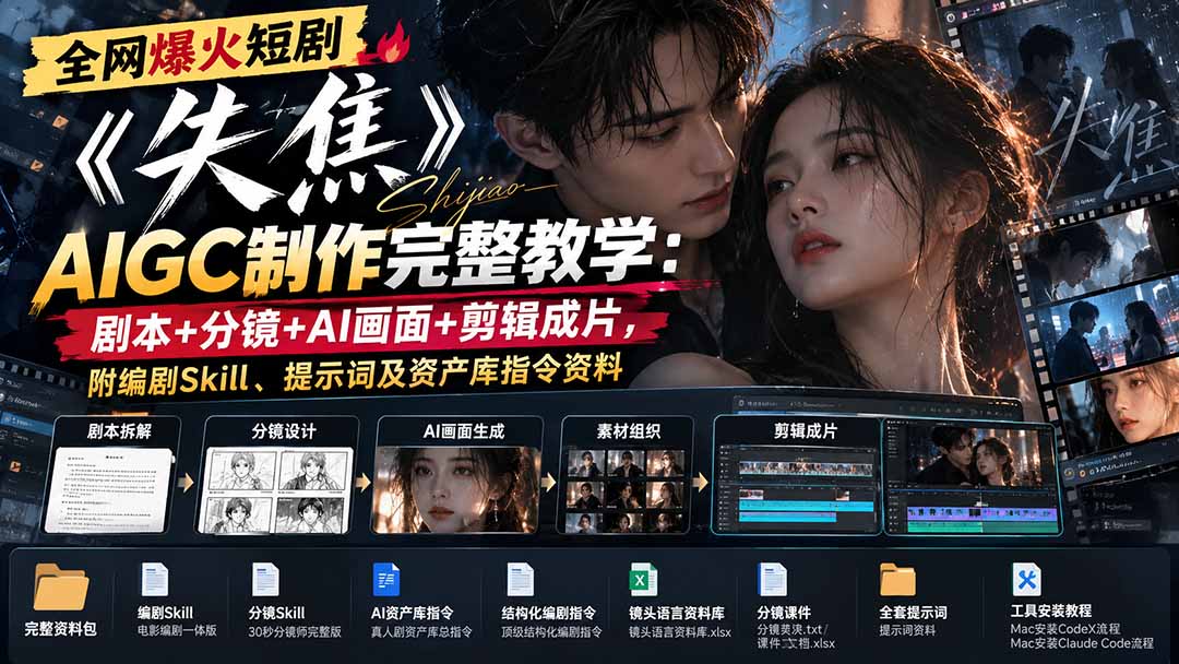 全网爆火短剧《失焦》AIGC制作完整教学:剧本+分镜+AI画面+剪辑成片,附编剧Skill、提示词及资产库指令资料-91副业网