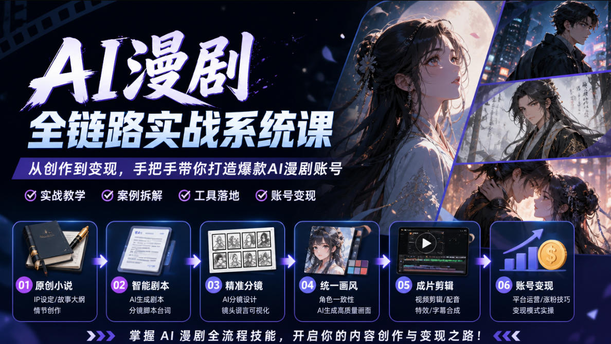AI漫剧全链路实战系统课|原创小说、智能剧本、精准分镜、统一画风、成片剪辑、账号变现实操教学-91副业网
