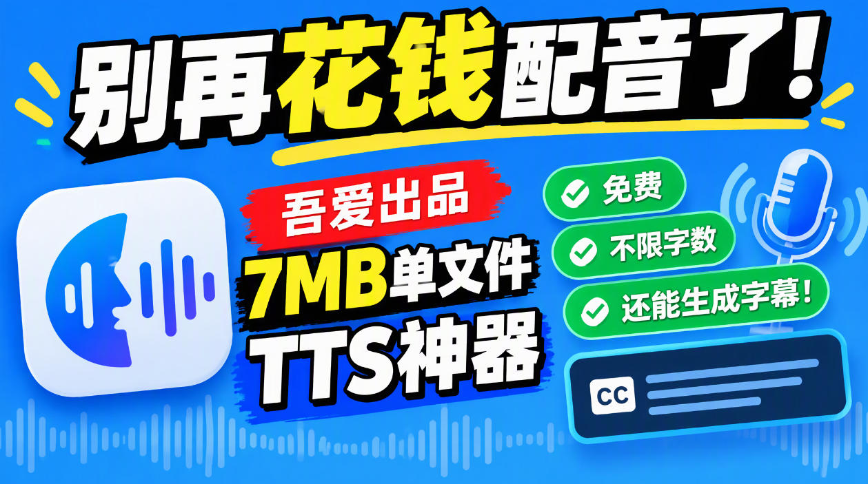 别再花钱配音了！吾爱出品7MB单文件TTS神器，免费不限字数还能生成字幕！-91副业网