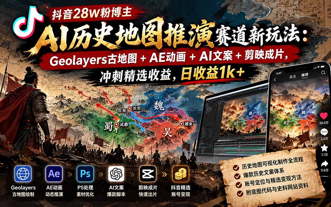 抖音28W粉博主AI历史地图推演赛道新玩法:Geolayers古地图+AE动画+AI文案+剪映成片,冲刺精选收益,日收益1k+-91副业网