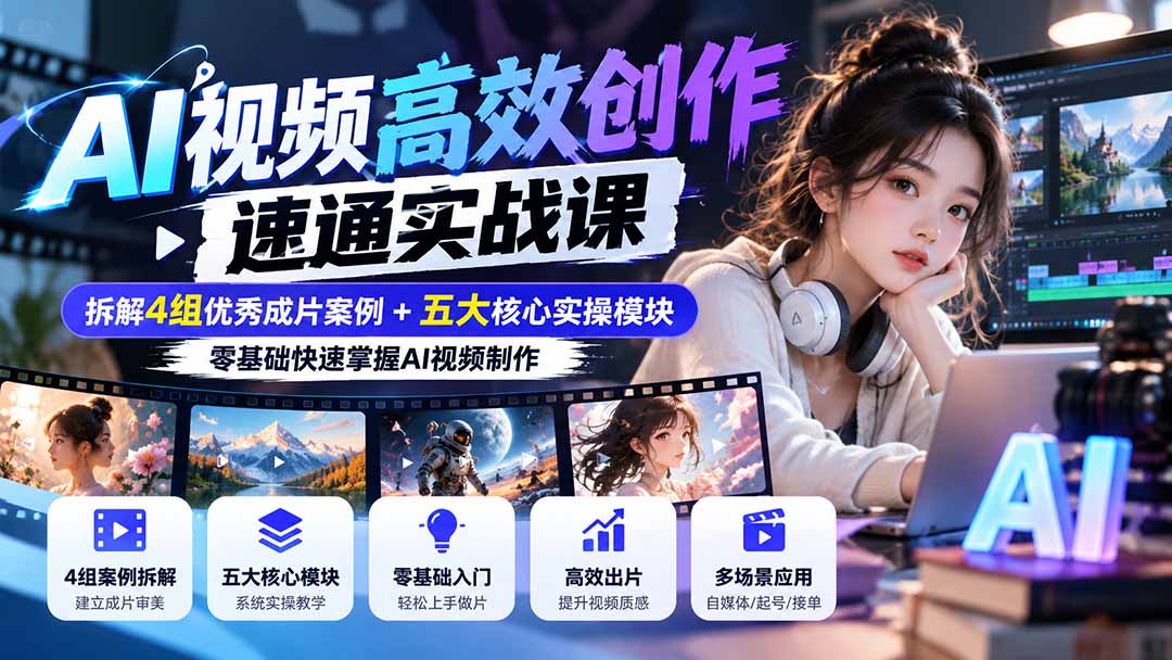 【无水印】AI视频高效创作速通实战课：拆解4组优秀成片案例+五大核心实操模块，零基础快速掌握AI视频制作-91副业网