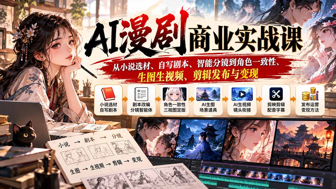 AI漫剧商业实战课：从小说选材、自写剧本、智能分镜到角色一致性、生图生视频、剪辑发布与变现-91副业网